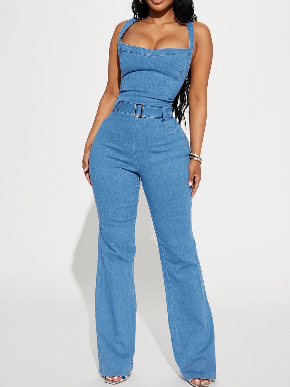 NWOT Fashion Nova Blue Denim Flared Jumpsuit